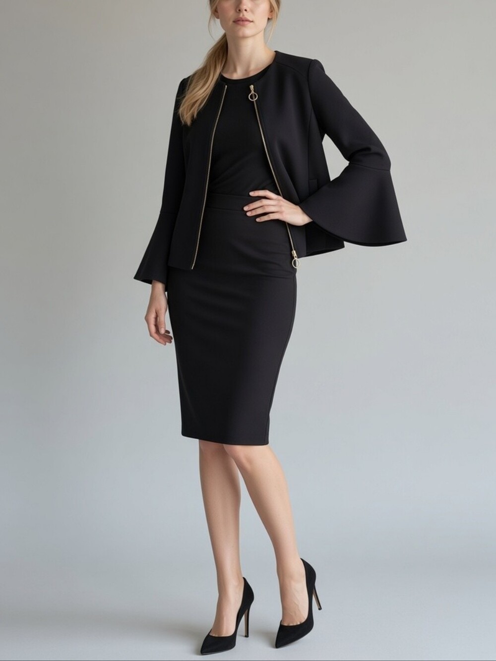Ann Taylor Black Bell Sleeve Full Zip Jacket Blazer Cape Crop 6 Business Office